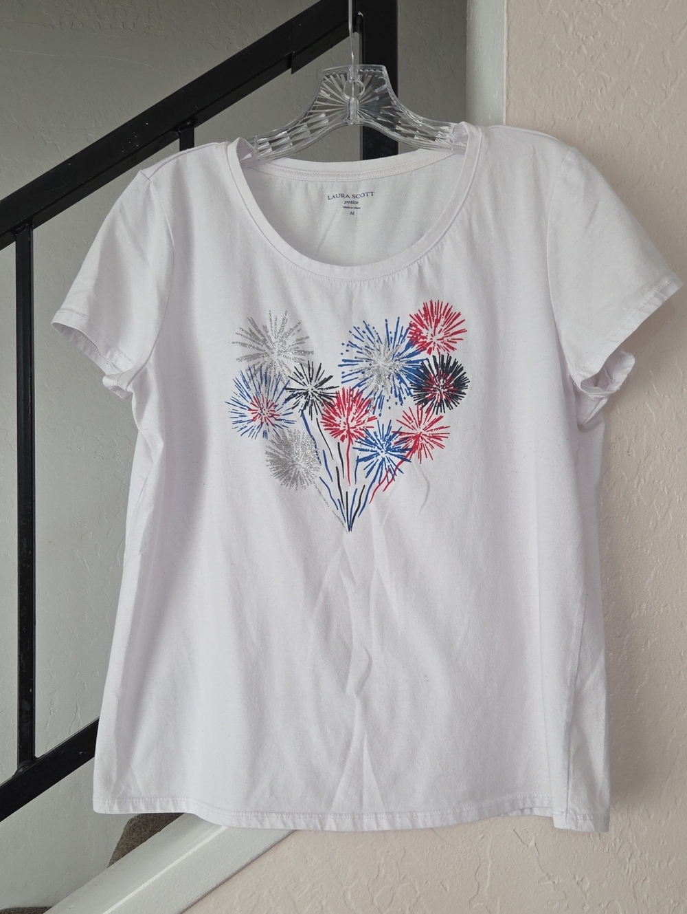 Laura Scott White Short-Sleeve Tee with Red, Blue & Silver Firework Motif